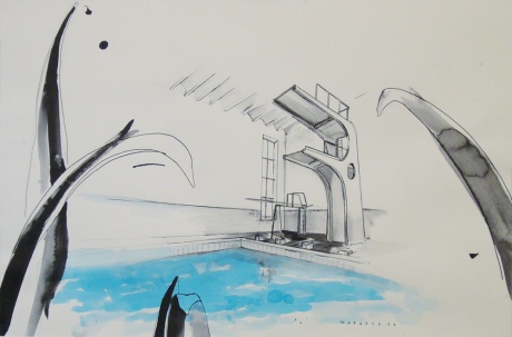 #5 / 50 ways to wait / 10,9,8,... (Schwimmbad), 2006|Tusche, Papier, 40 x 60 cm, gerahmt